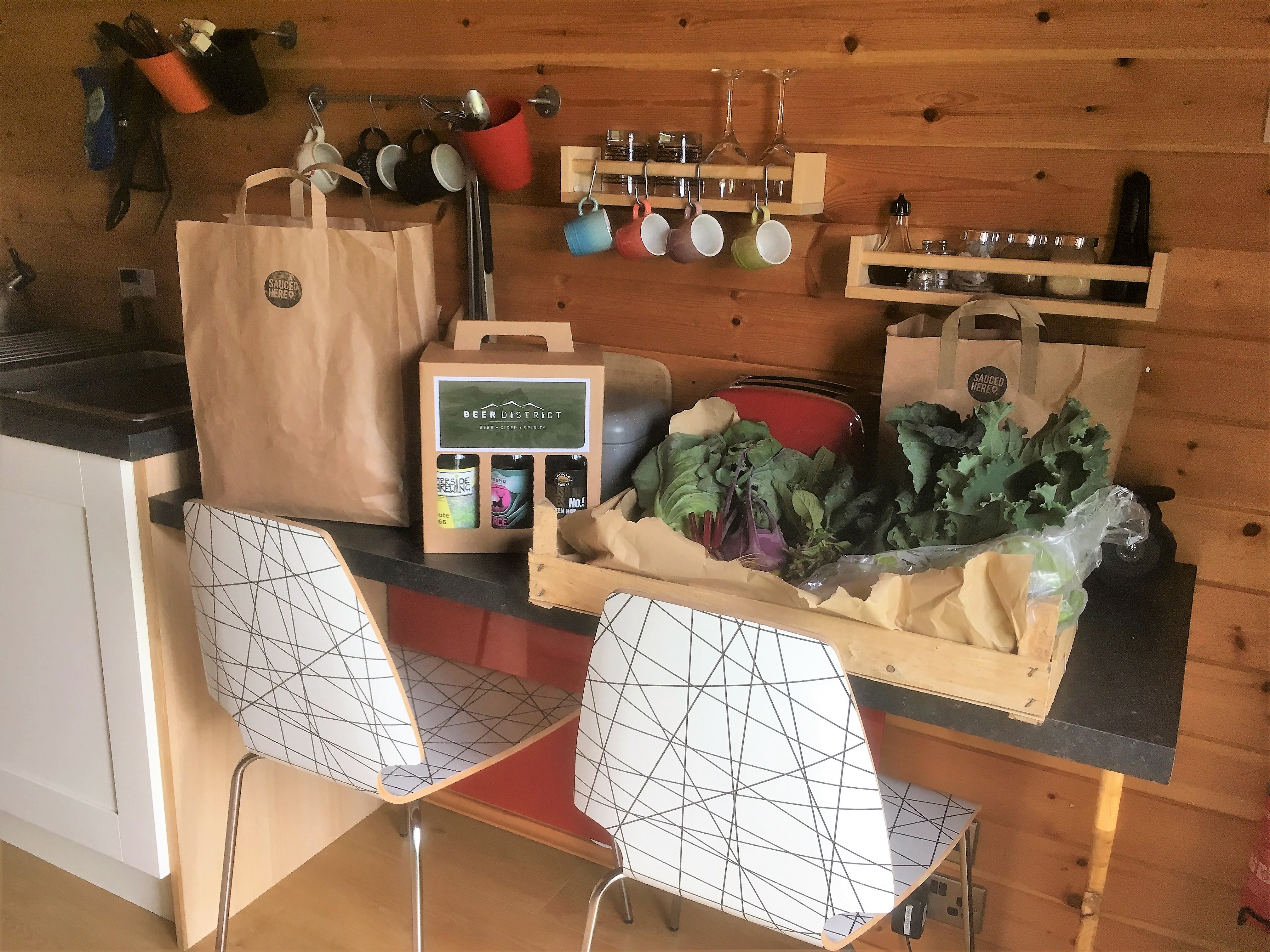 Delivery of local groceries to a glamping pod in the Peak District