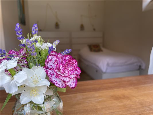 flowers on the windowsill looking in at the twin beds