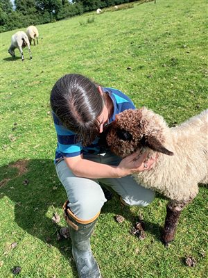 Sharing a cuddle with Curly Wurly the sheep