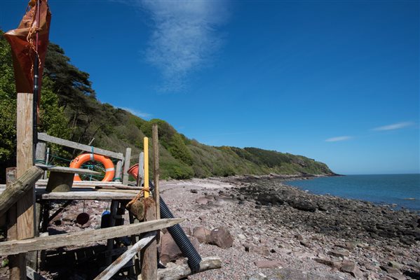 Den made from driftwood on rocky sea shore