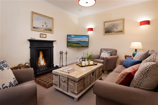 Sitting room with open fire, seating and coffee table, smart TV